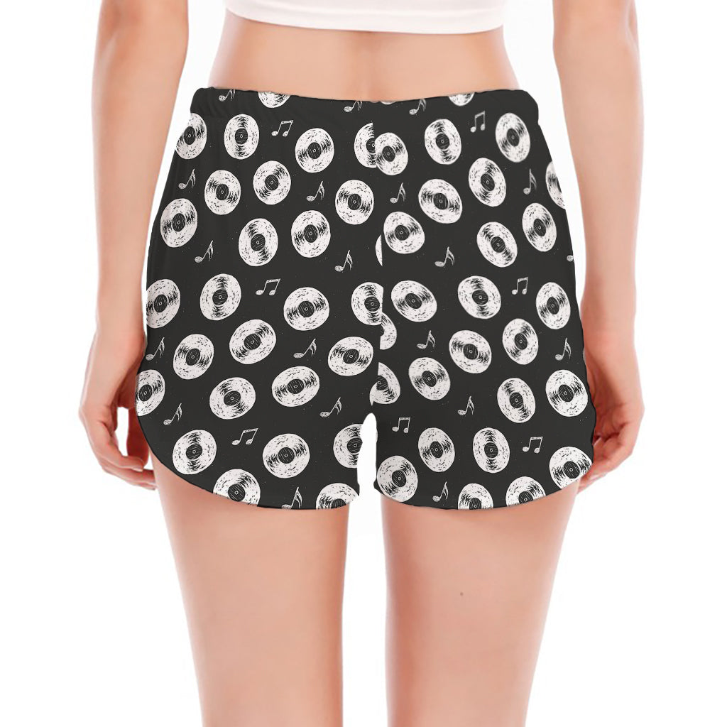 Hand Drawn Vinyl Record Pattern Print Women's Split Running Shorts