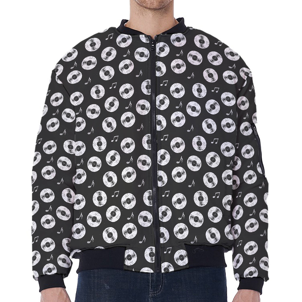 Hand Drawn Vinyl Record Pattern Print Zip Sleeve Bomber Jacket