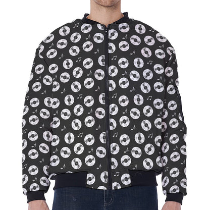 Hand Drawn Vinyl Record Pattern Print Zip Sleeve Bomber Jacket