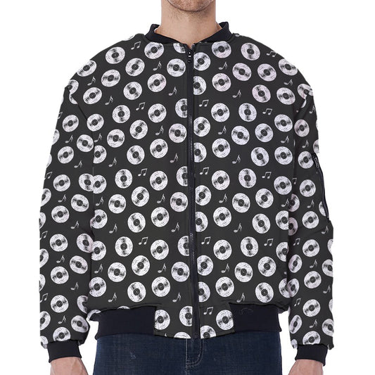 Hand Drawn Vinyl Record Pattern Print Zip Sleeve Bomber Jacket