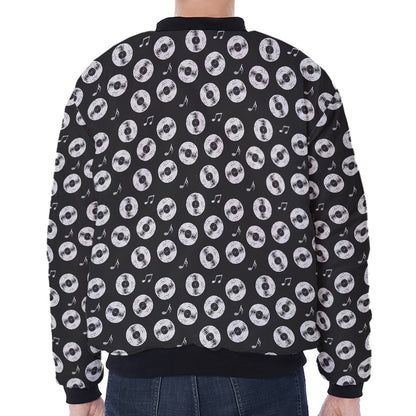 Hand Drawn Vinyl Record Pattern Print Zip Sleeve Bomber Jacket