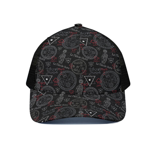 Hand Of Glory Black Magic Witch Print Black Mesh Trucker Cap