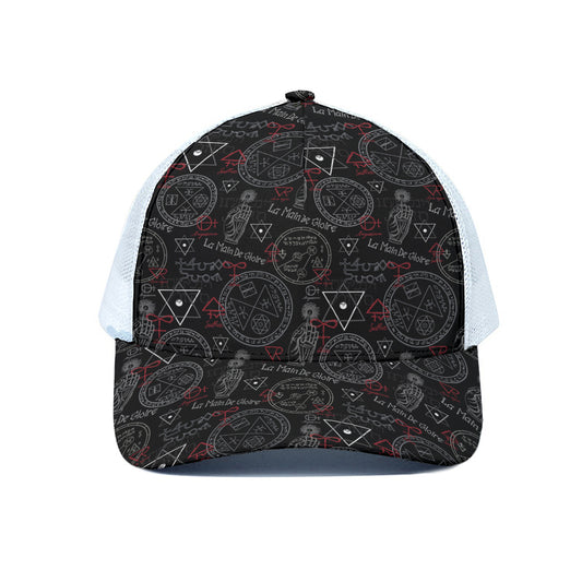 Hand Of Glory Black Magic Witch Print White Mesh Trucker Cap