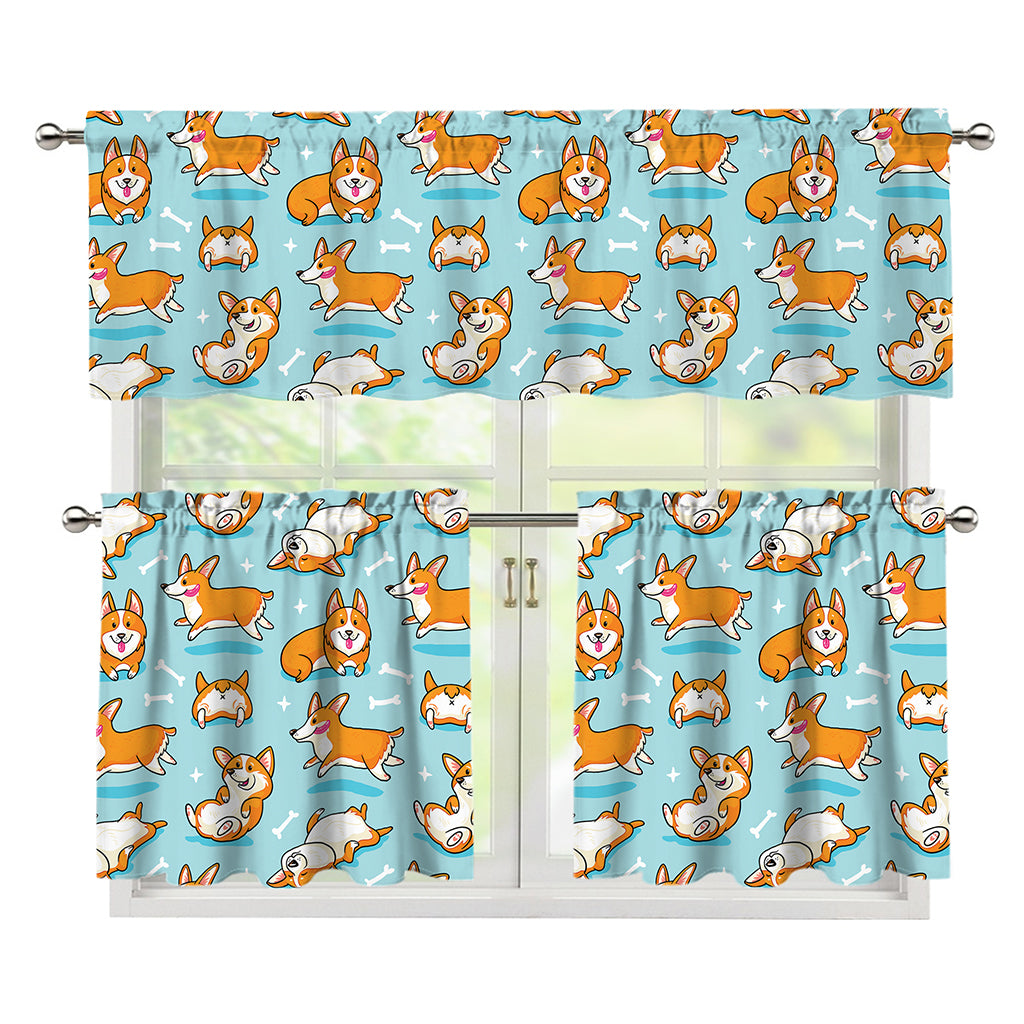 Happy Corgi Pattern Print 3 Piece Kitchen Curtains