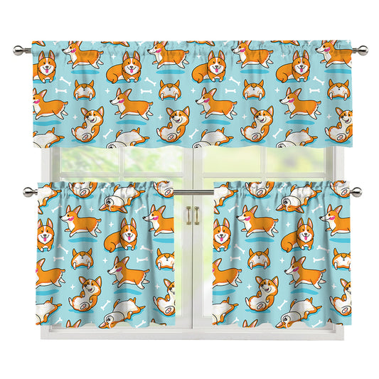 Happy Corgi Pattern Print 3 Piece Kitchen Curtains