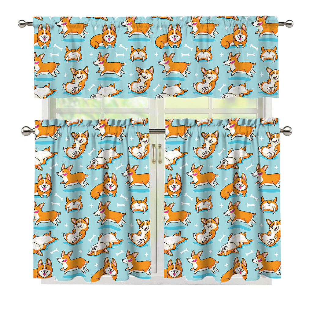 Happy Corgi Pattern Print 3 Piece Kitchen Curtains