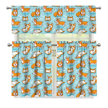 Happy Corgi Pattern Print 3 Piece Kitchen Curtains