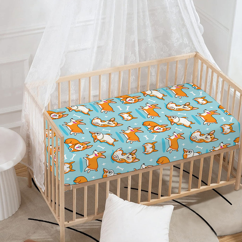 Happy Corgi Pattern Print Baby Crib Sheet