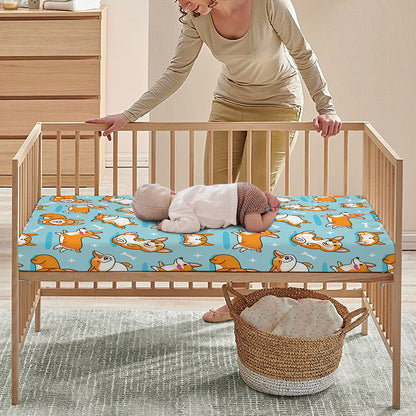 Happy Corgi Pattern Print Baby Crib Sheet