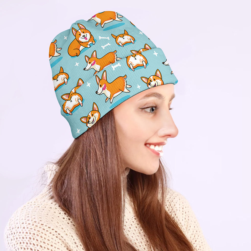 Happy Corgi Pattern Print Beanie