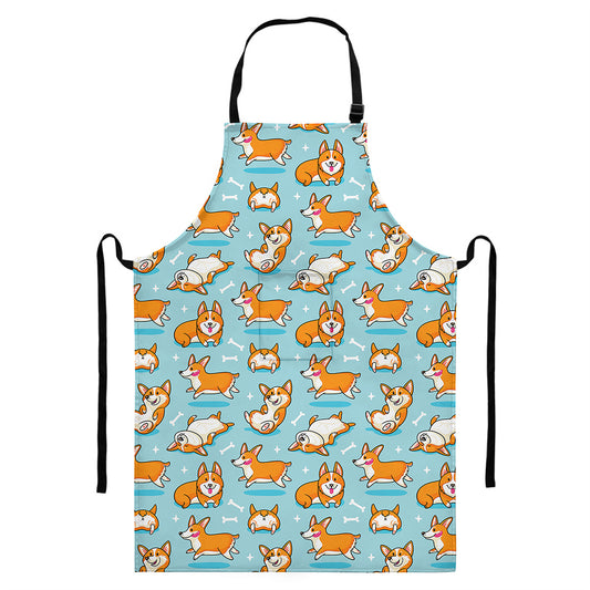 Happy Corgi Pattern Print Bib Apron With Pocket
