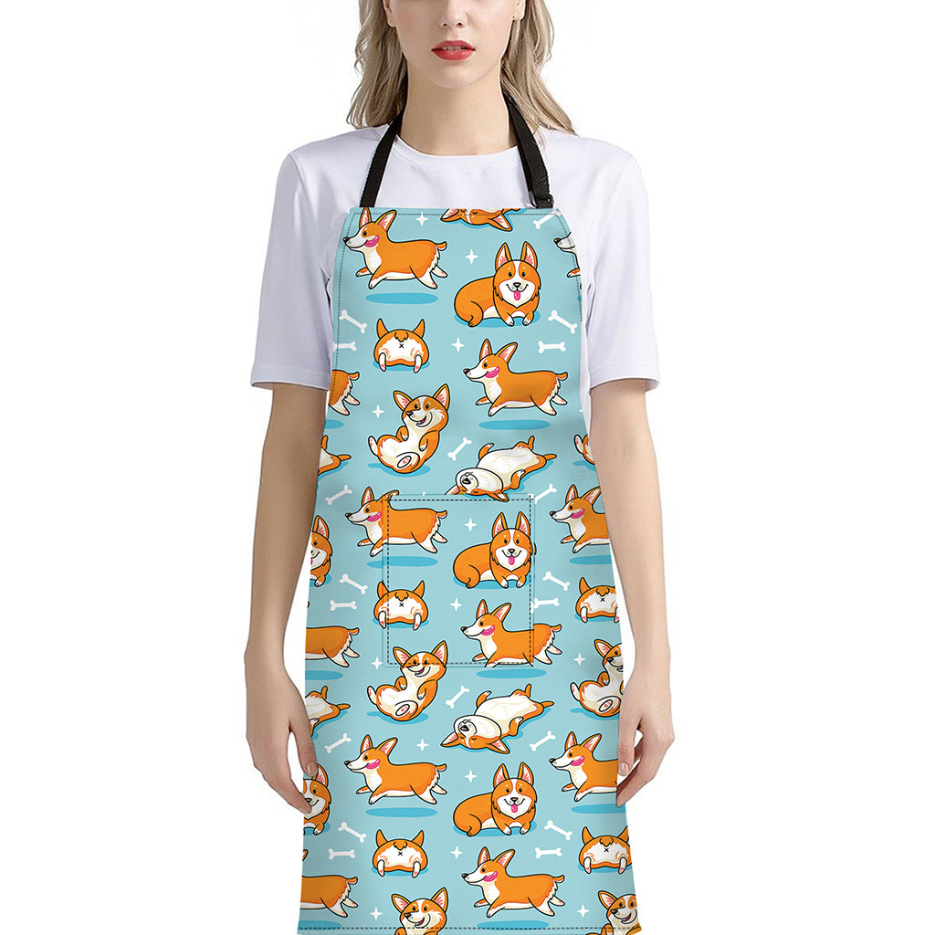 Happy Corgi Pattern Print Bib Apron With Pocket