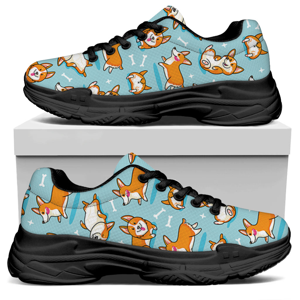 Happy Corgi Pattern Print Black Chunky Shoes