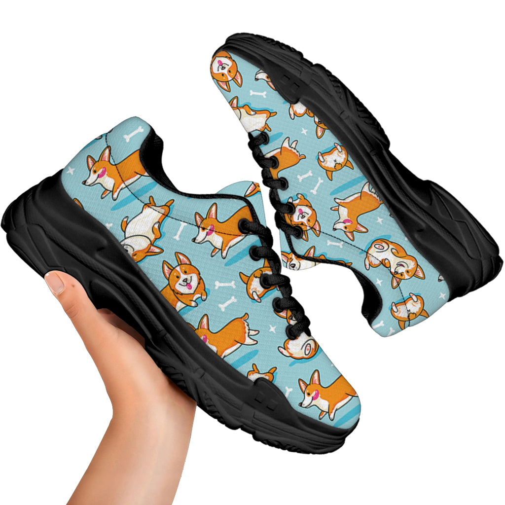 Happy Corgi Pattern Print Black Chunky Shoes