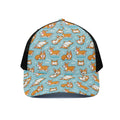 Happy Corgi Pattern Print Black Mesh Trucker Hat