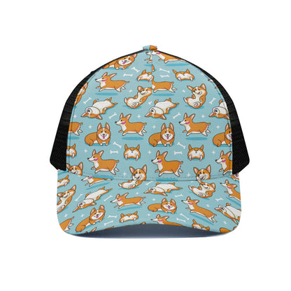 Happy Corgi Pattern Print Black Mesh Trucker Cap