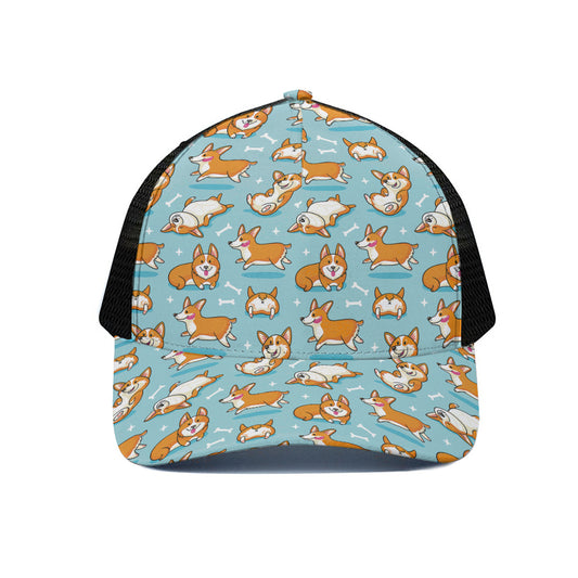 Happy Corgi Pattern Print Black Mesh Trucker Cap
