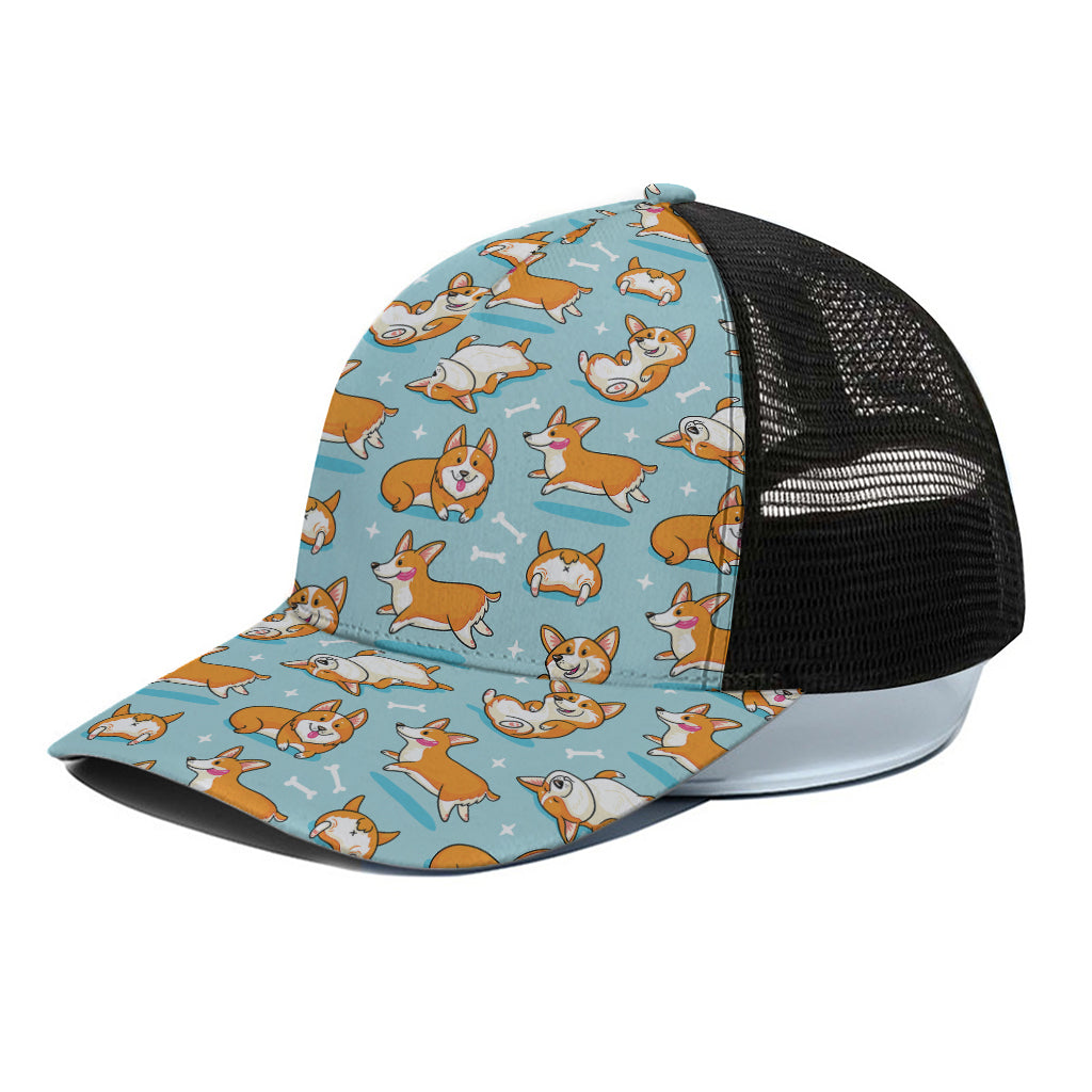 Happy Corgi Pattern Print Black Mesh Trucker Cap