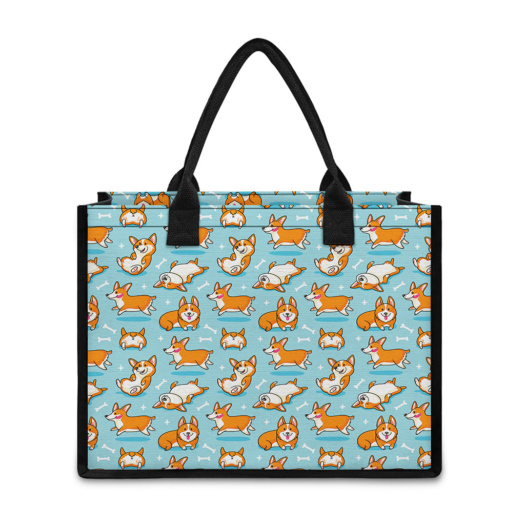 Happy Corgi Pattern Print Canvas Tote Bag