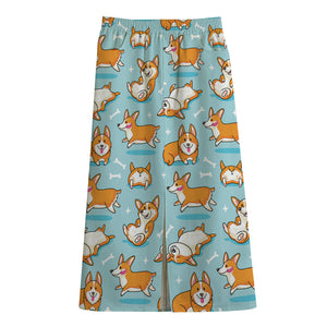 Happy Corgi Pattern Print Cotton Front Slit Maxi Skirt