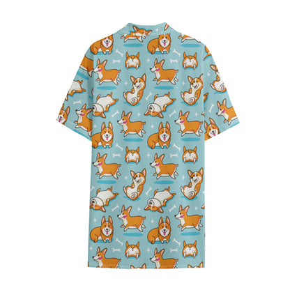 Happy Corgi Pattern Print Cotton Hawaiian Shirt