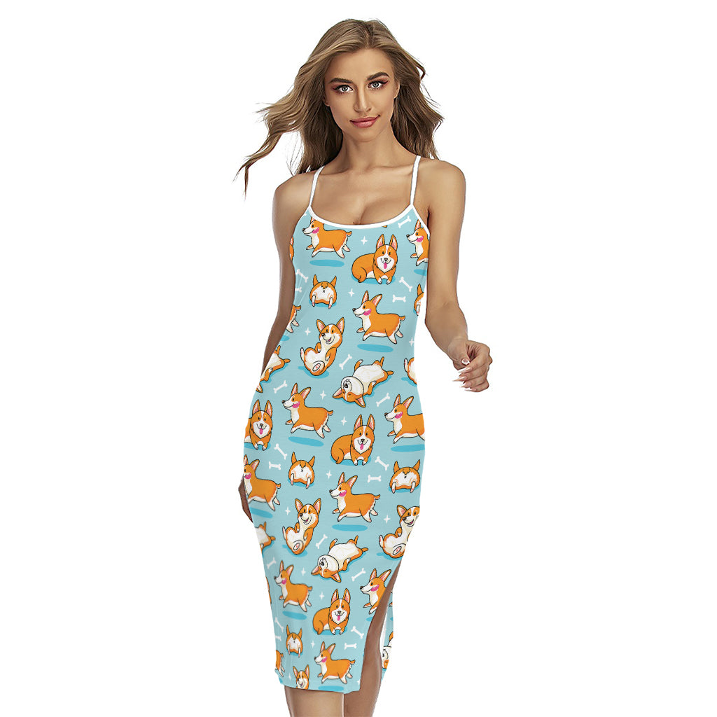 Happy Corgi Pattern Print Cross Back Cami Dress