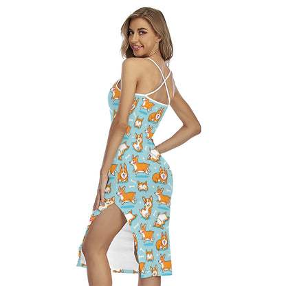 Happy Corgi Pattern Print Cross Back Cami Dress