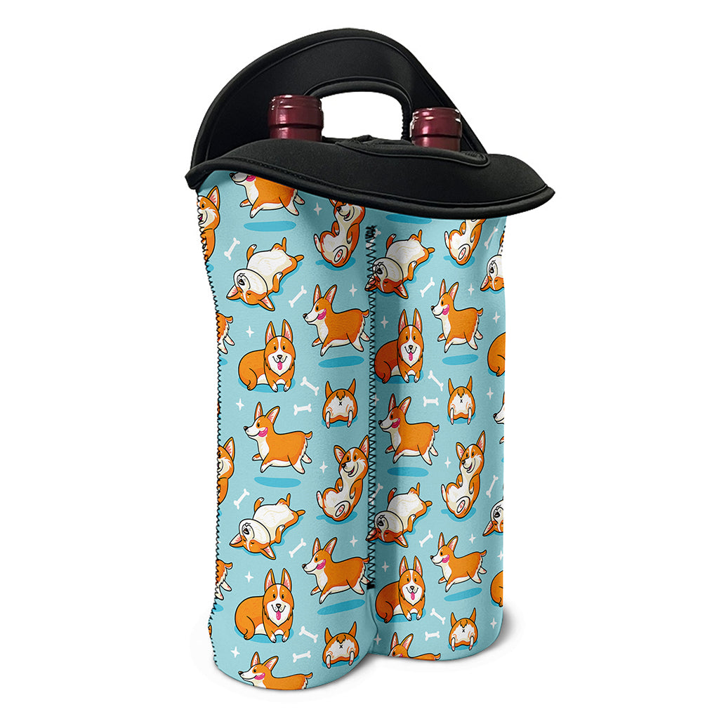 Happy Corgi Pattern Print Double Neoprene Wine Tote