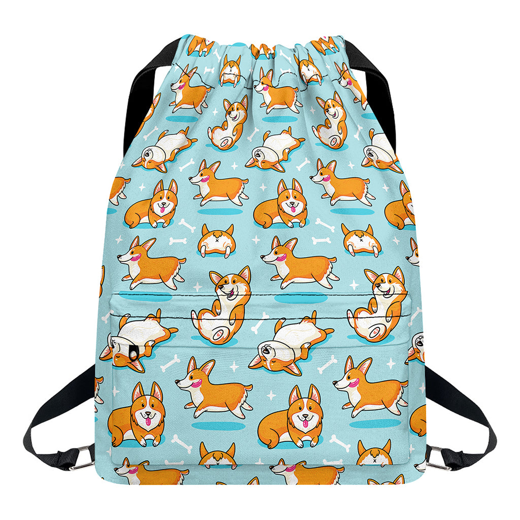 Happy Corgi Pattern Print Drawstring Backpack