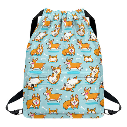 Happy Corgi Pattern Print Drawstring Backpack