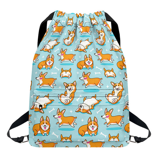 Happy Corgi Pattern Print Drawstring Backpack