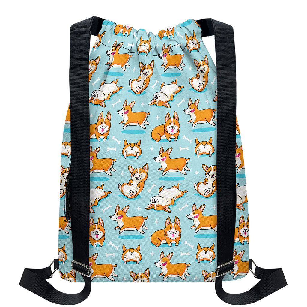 Happy Corgi Pattern Print Drawstring Backpack