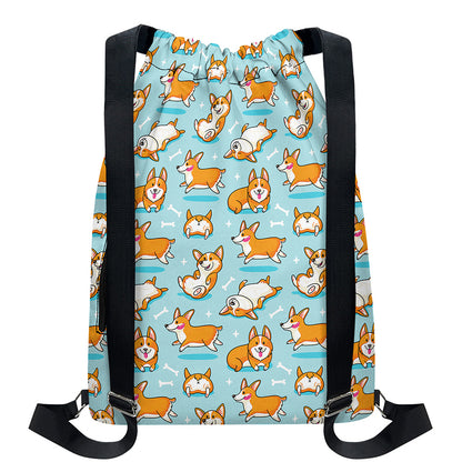 Happy Corgi Pattern Print Drawstring Backpack