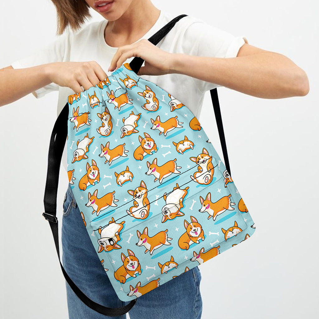 Happy Corgi Pattern Print Drawstring Backpack