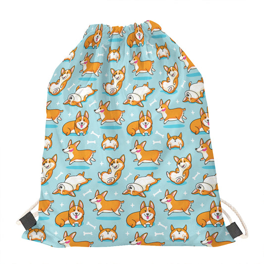 Happy Corgi Pattern Print Drawstring Bag