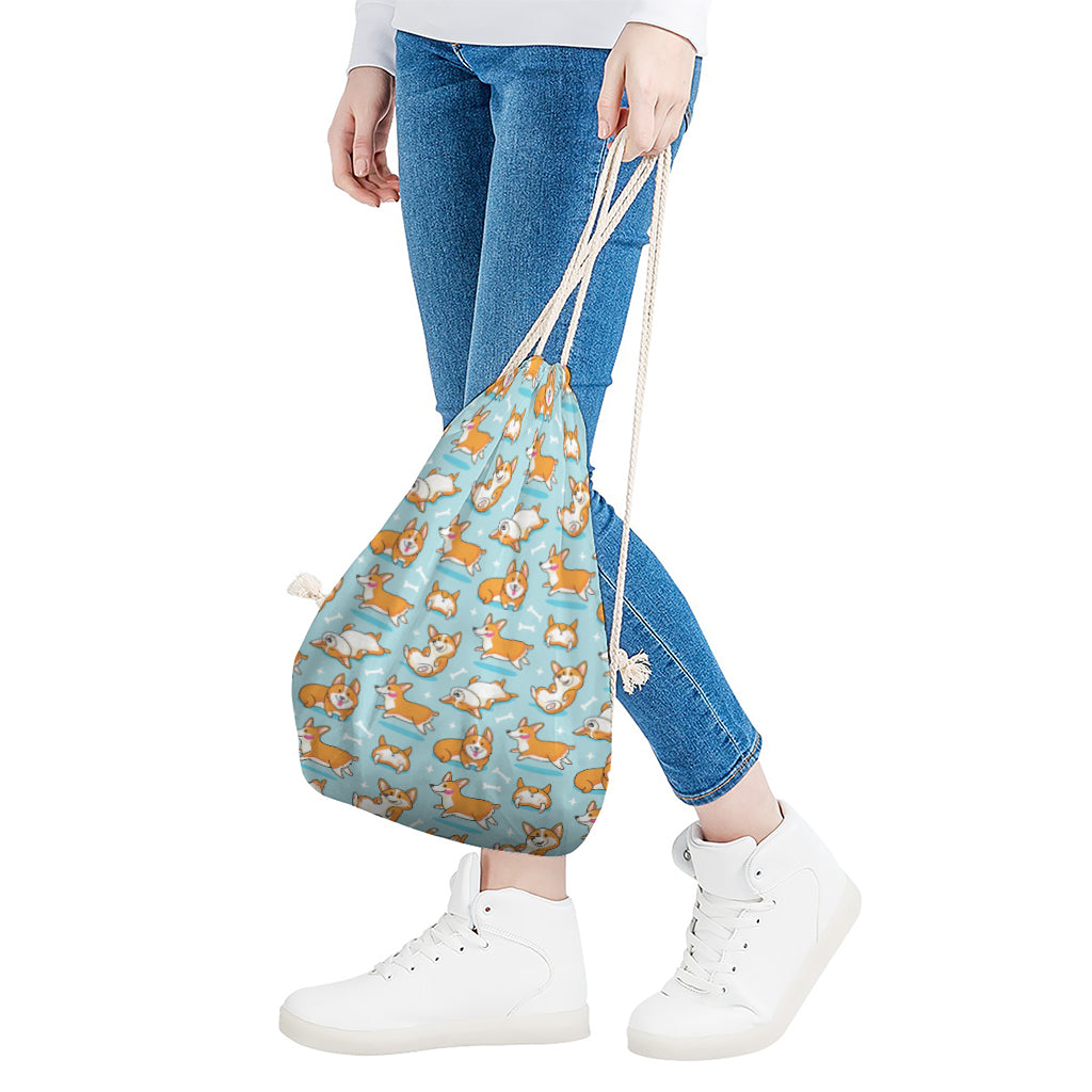 Happy Corgi Pattern Print Drawstring Bag