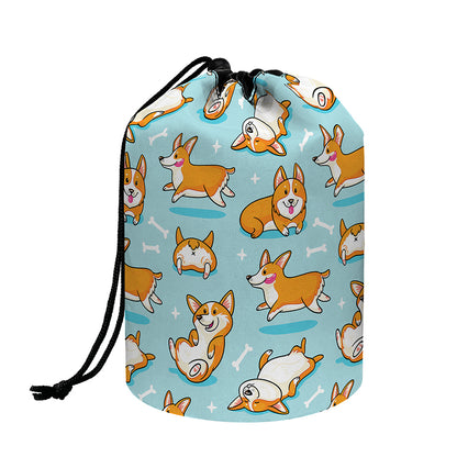 Happy Corgi Pattern Print Drawstring Makeup Bag