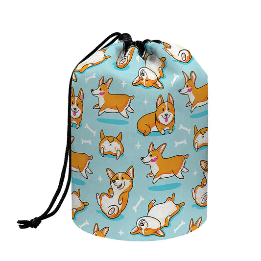 Happy Corgi Pattern Print Drawstring Makeup Bag