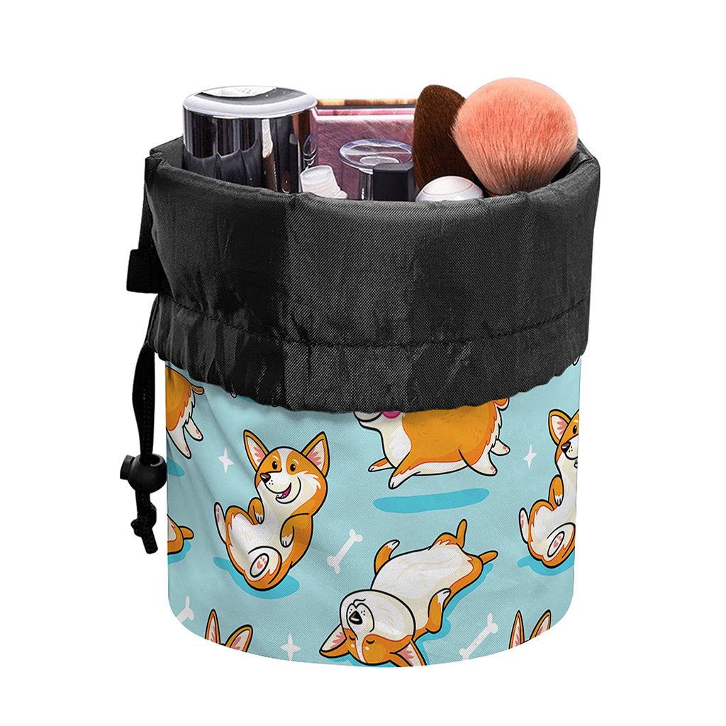 Happy Corgi Pattern Print Drawstring Makeup Bag