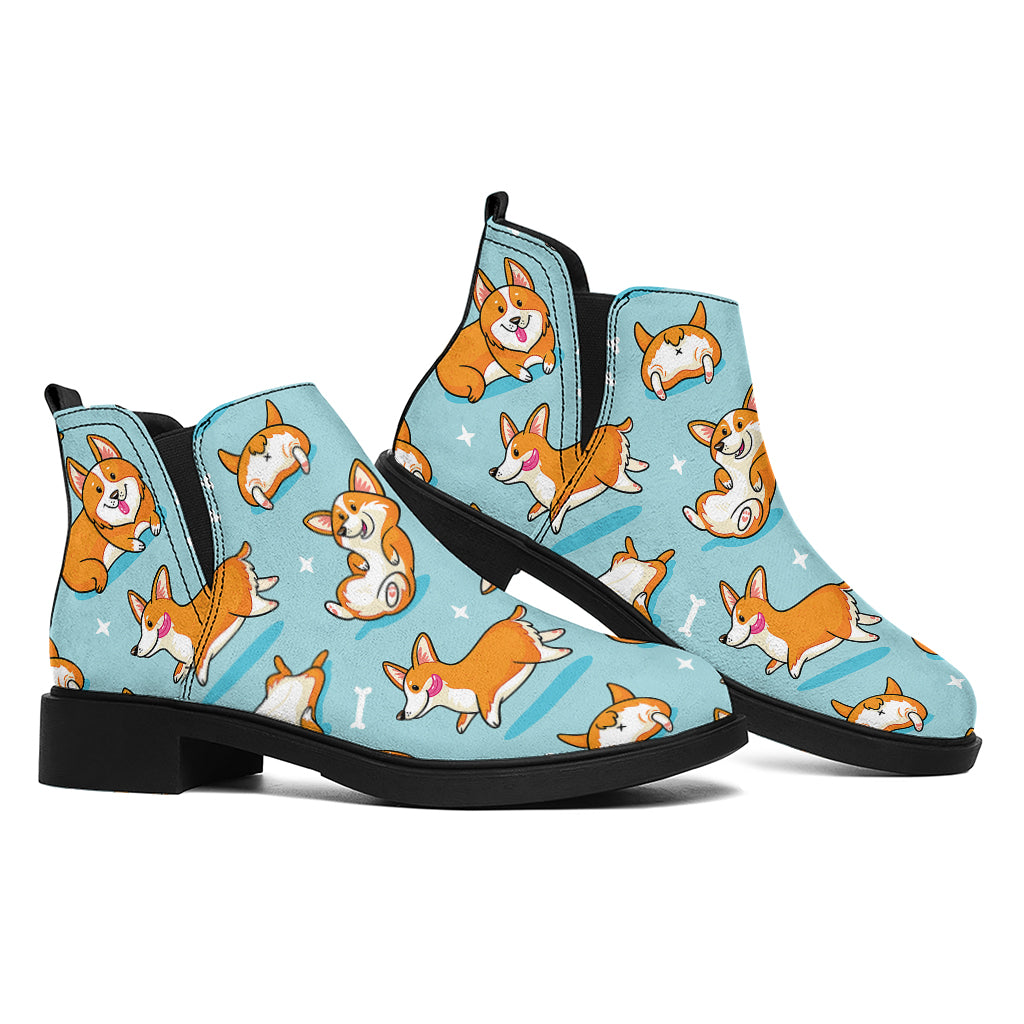 Happy Corgi Pattern Print Flat Ankle Boots