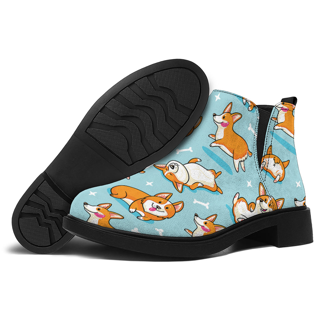 Happy Corgi Pattern Print Flat Ankle Boots