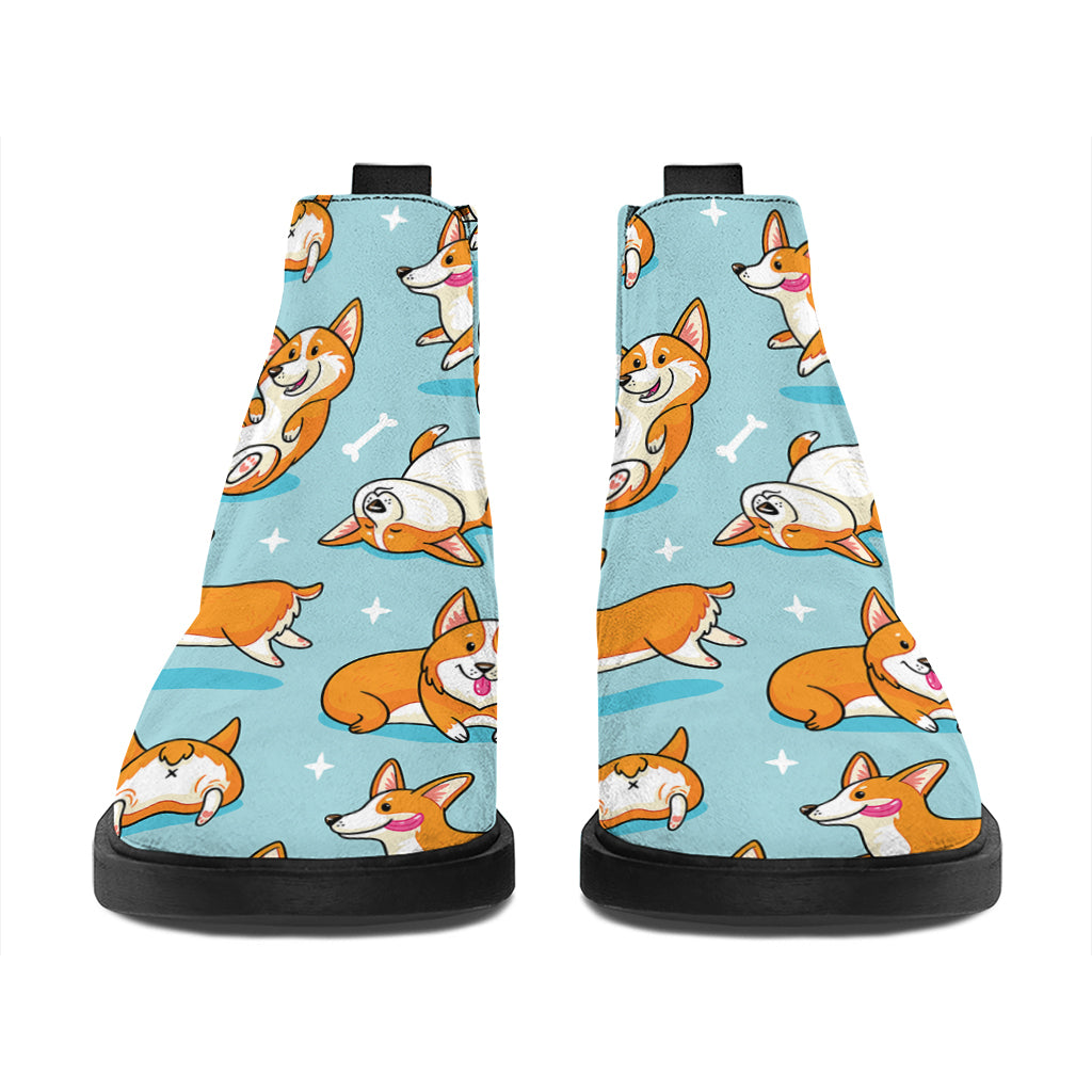 Happy Corgi Pattern Print Flat Ankle Boots