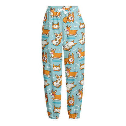 Happy Corgi Pattern Print Fleece Lined Knit Pants