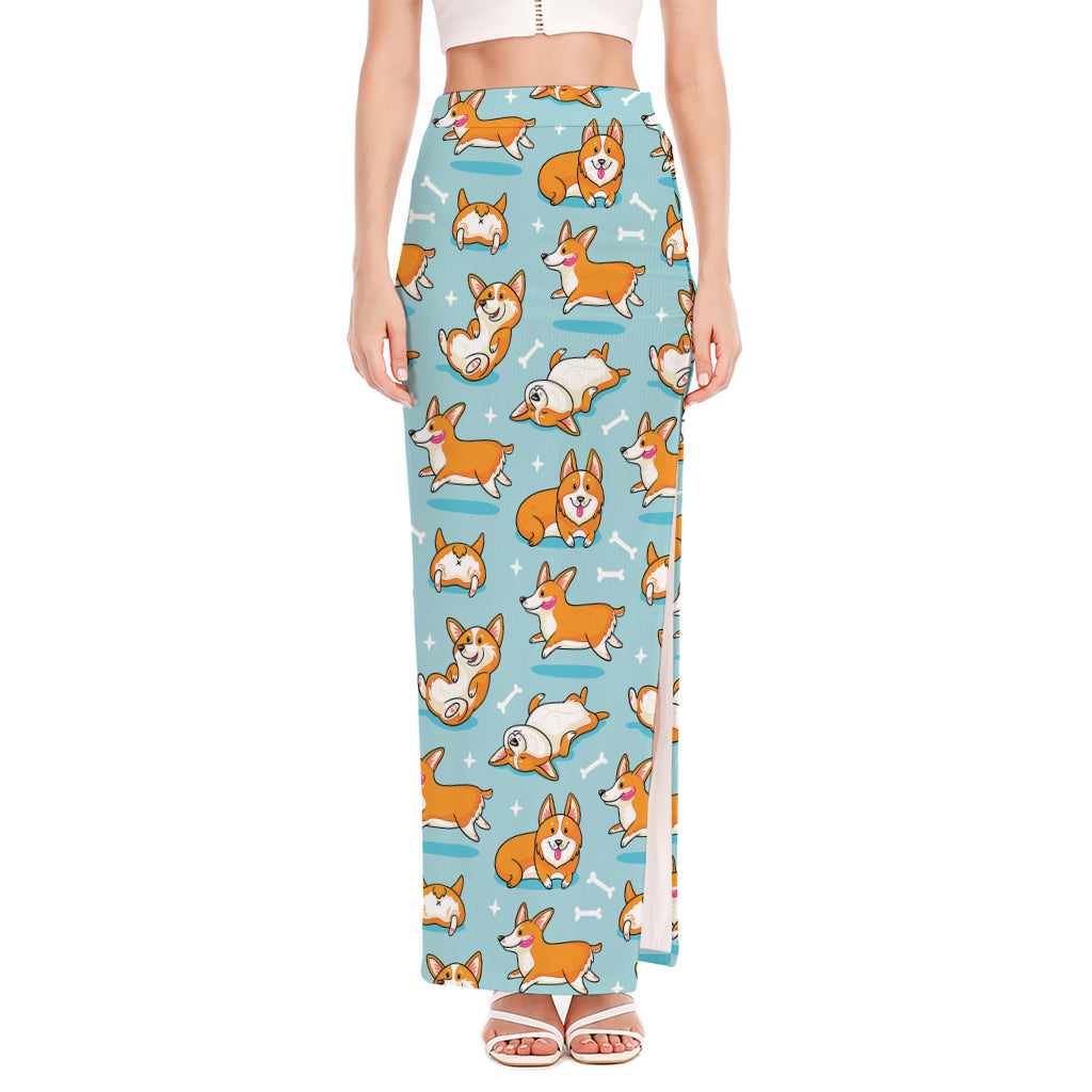 Happy Corgi Pattern Print High Slit Maxi Skirt