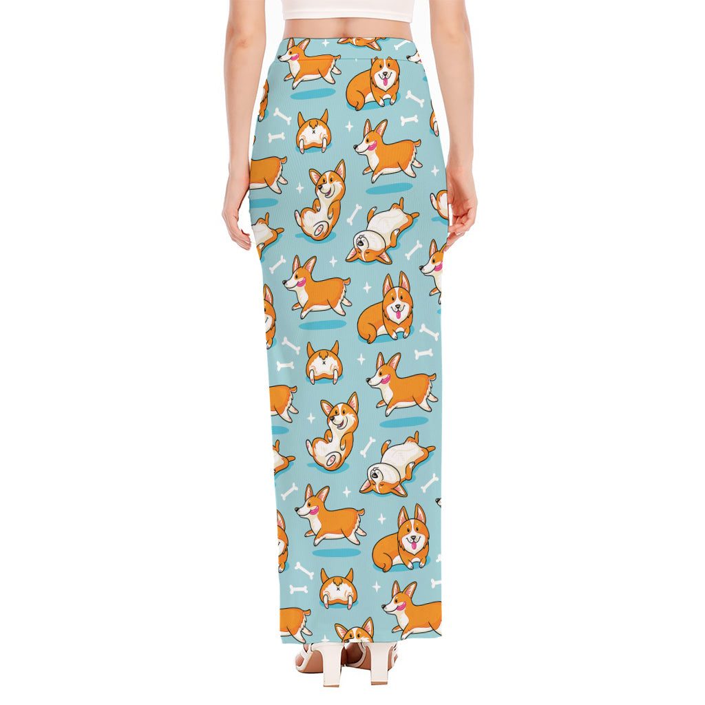 Happy Corgi Pattern Print High Slit Maxi Skirt