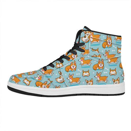 Happy Corgi Pattern Print High Top Leather Sneakers
