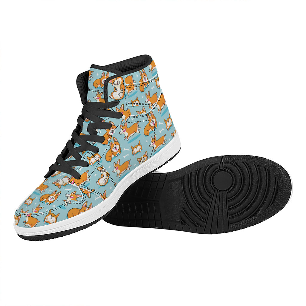 Happy Corgi Pattern Print High Top Leather Sneakers