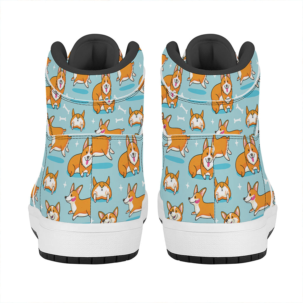 Happy Corgi Pattern Print High Top Leather Sneakers