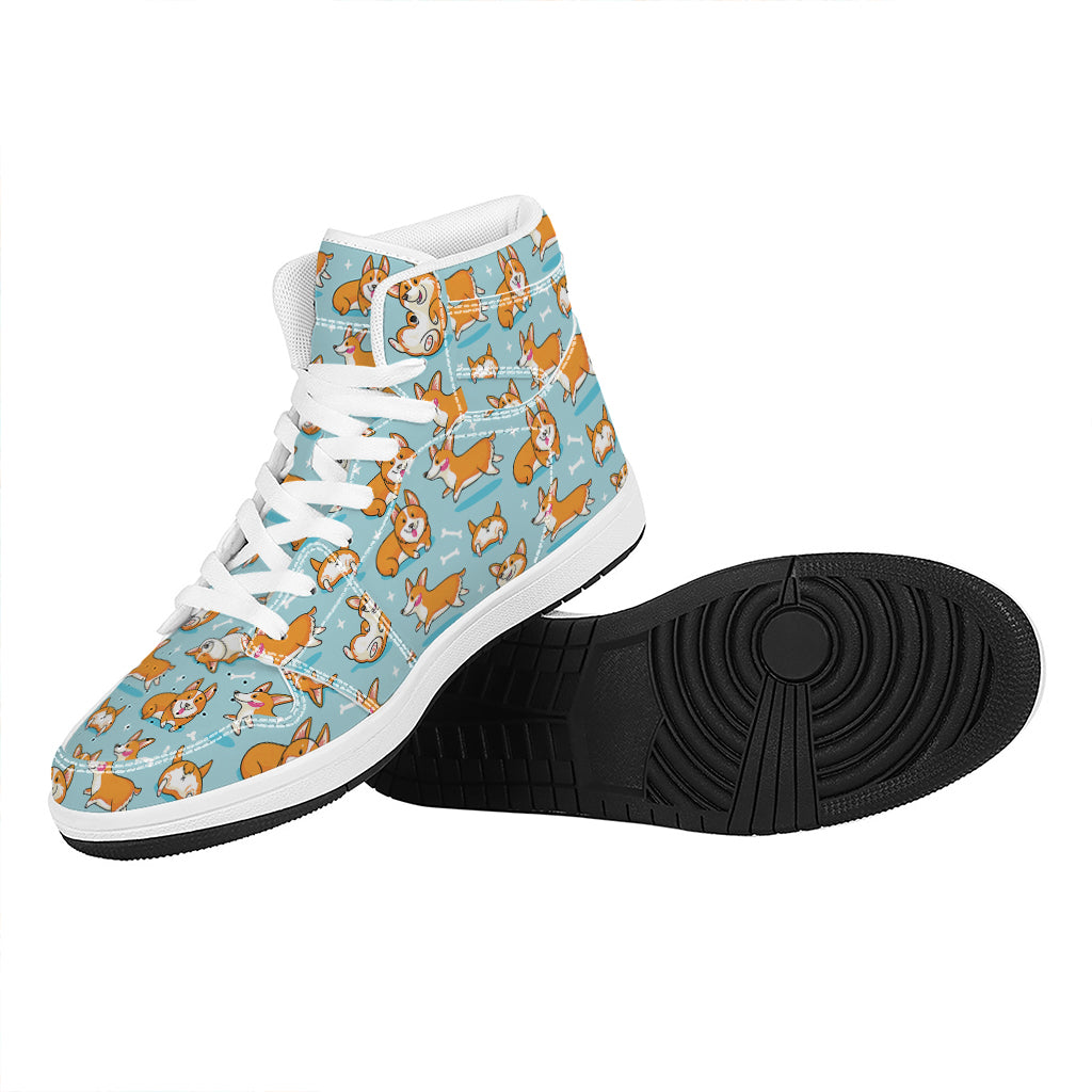 Happy Corgi Pattern Print High Top Leather Sneakers