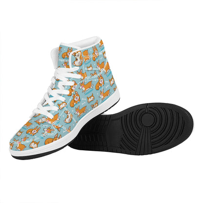 Happy Corgi Pattern Print High Top Leather Sneakers